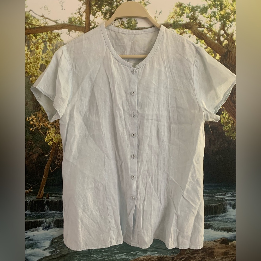 EILEEN FISHER Pastel Blue 100% Irish Linen SIZE S CAP SLEEVE BLOUSE